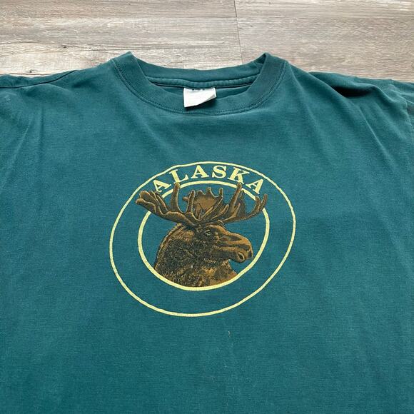 Vintage Sherry Alaska Moose Head Teal Brown Mens L Destination Graphic Retro Tee - Picture 1 of 8